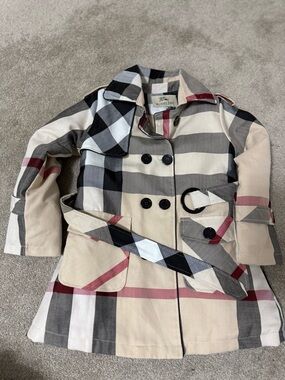 Beige Black and Red Check Double-Breasted Trench Coat